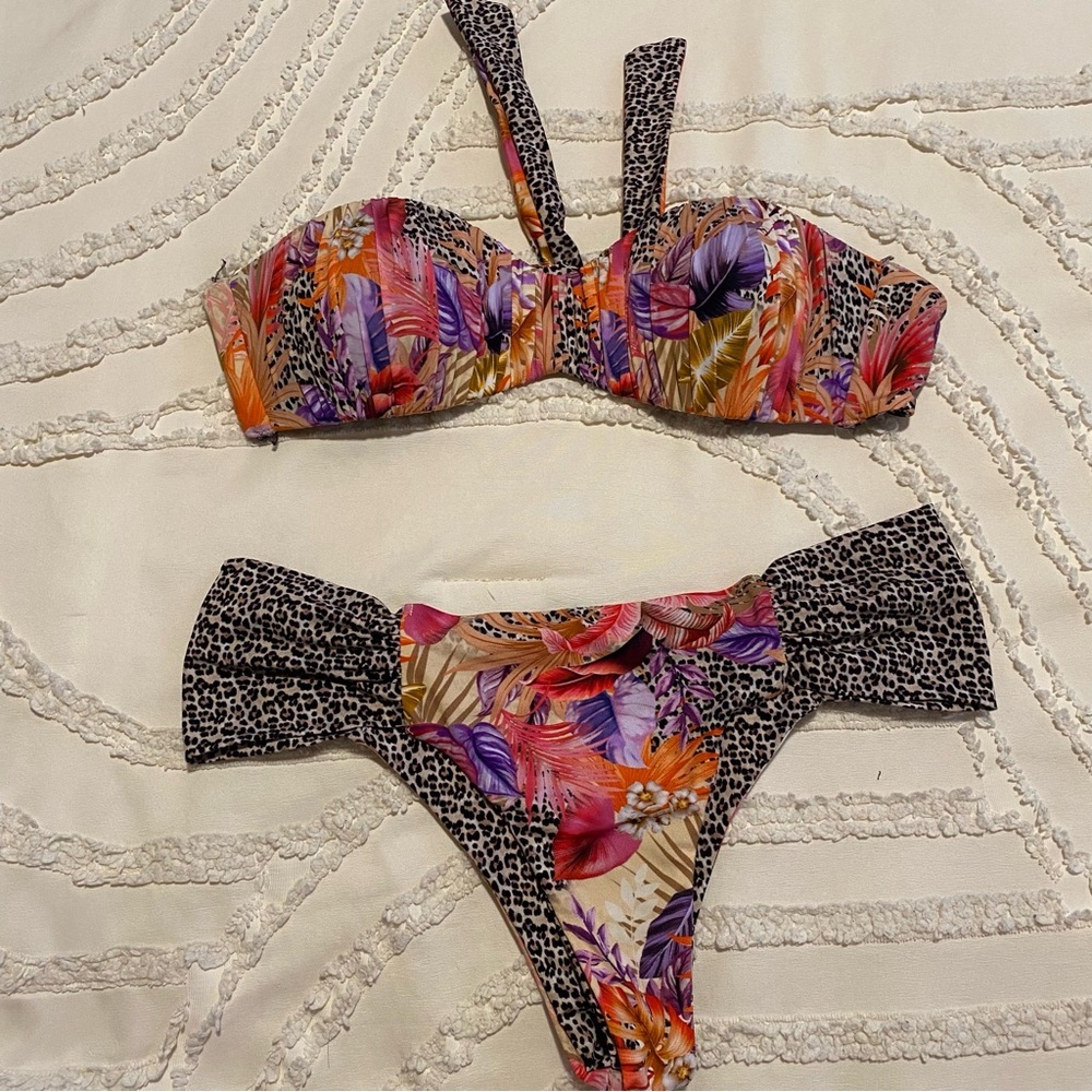 Floral & Leopard Print Bandeau Bikini - Multicolor